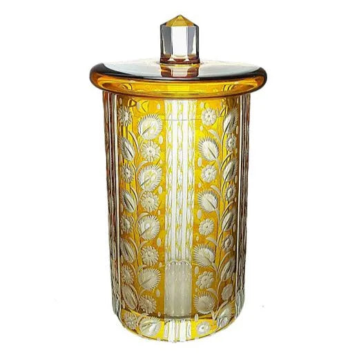 amberfarbene hohe Dose aus Kristallglas, Originalreproduktion Joh. Oertel & Co.